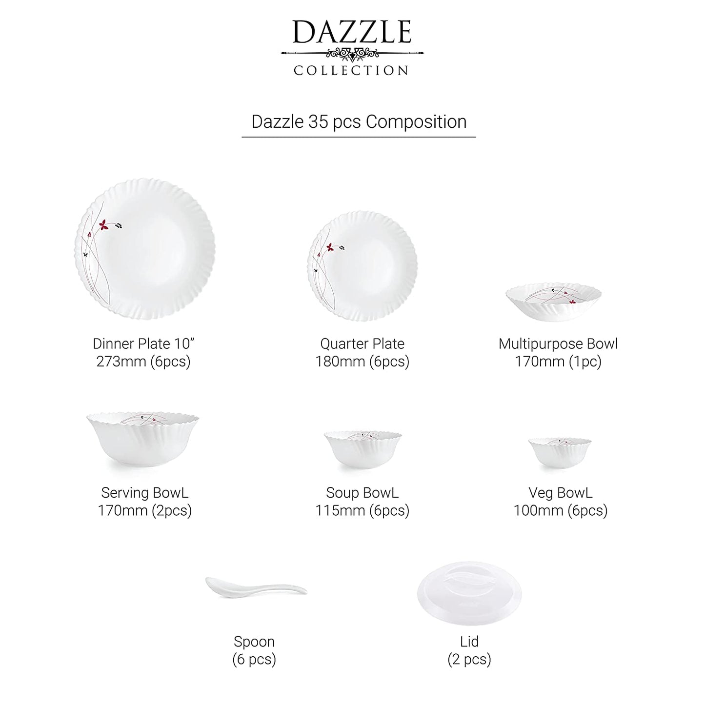 Cello Opalware Dazzle Series Lush Fiesta 35 Piece Dinner Set Serving for 6 | Bone Ash-Free | Lightweight, Elegant White Plates & Bowls Set | Opal Glass Crockery Set for Daily Use Dinning & Gifting