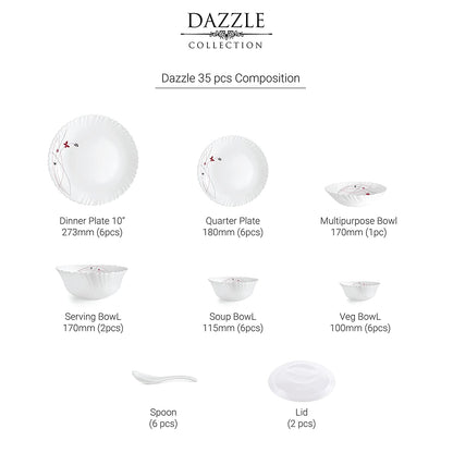 Cello Opalware Dazzle Series Lush Fiesta 35 Piece Dinner Set Serving for 6 | Bone Ash-Free | Lightweight, Elegant White Plates & Bowls Set | Opal Glass Crockery Set for Daily Use Dinning & Gifting