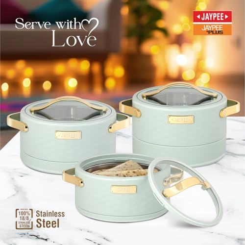 JAYPEE Luxura Klass Set Inner Steel Serving Painted Casserole Set Of 3 Toughened Glass Lid Advanced PU Insulated 100% Food Grade Lockable Hot Box Easy To Keep Roti,Pulao & More|1500,2000,2500 Ml,Green|B0DJ34J5Z5