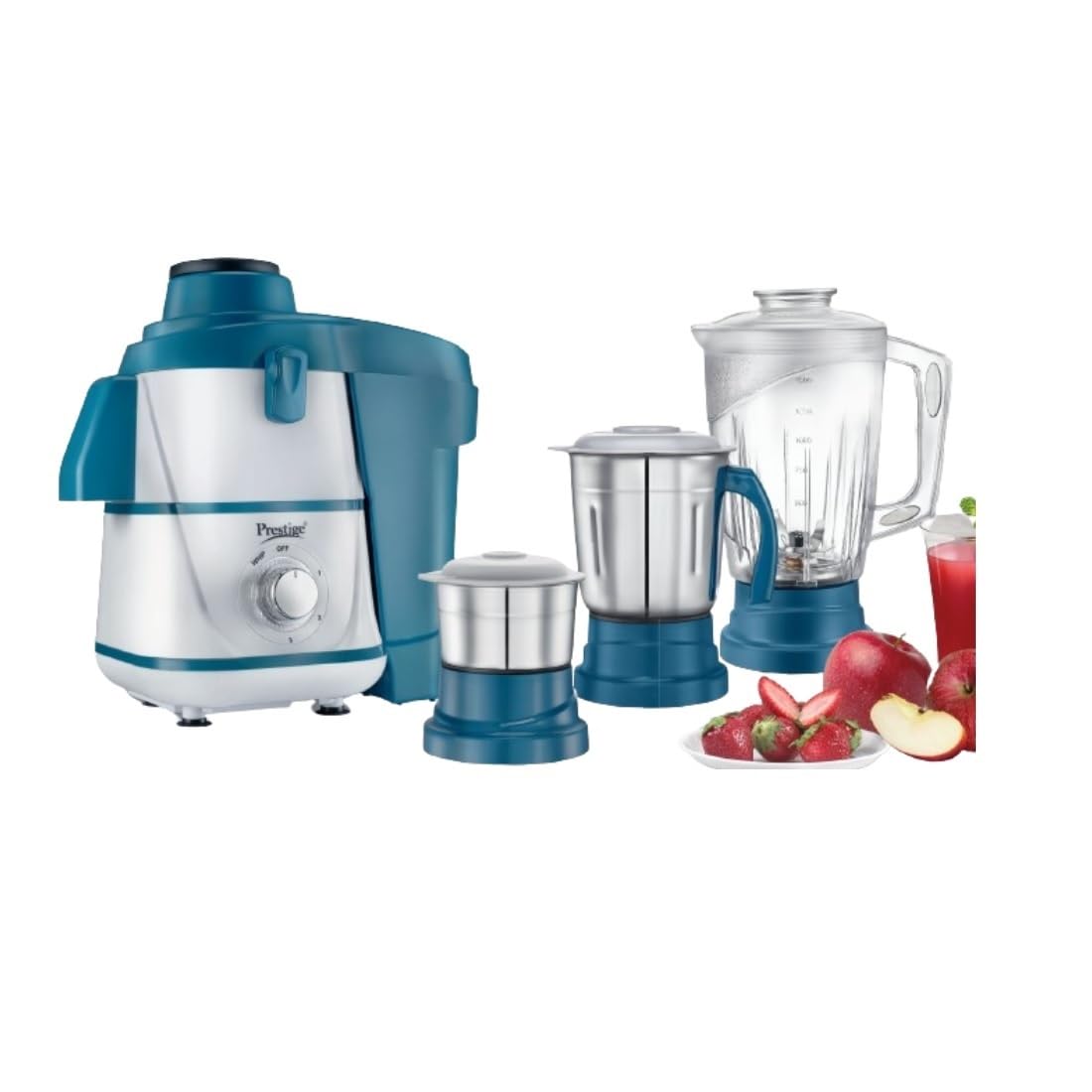 Prestige Breeze 500W 3 Jars Juicer Mixer Grinder|2 Stainless Steel Jars & 1 Juicer Jar|Detachable Pulp Collector|Double Lock System|Efficient Stainless Steel Sieve|Juice Outlet|Blue & White
