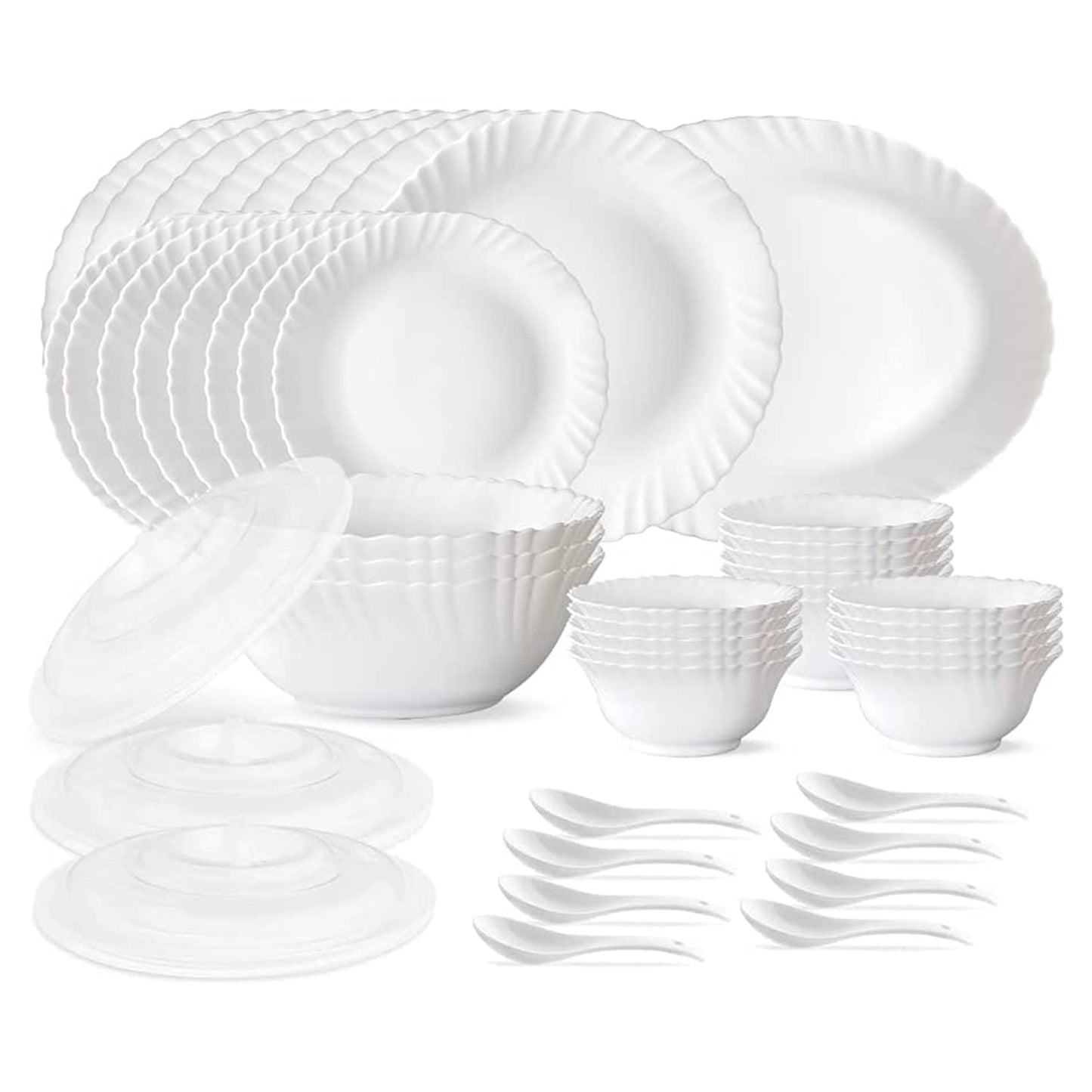 Larah by Borosil Plain White Silk Series Opalware Dinner Set | 47 Pieces for Family of 8 | Microwave & Dishwasher Safe | Bone-Ash Free | Crockery Set for Dining & Gifting | Plates & Bowls | Snow