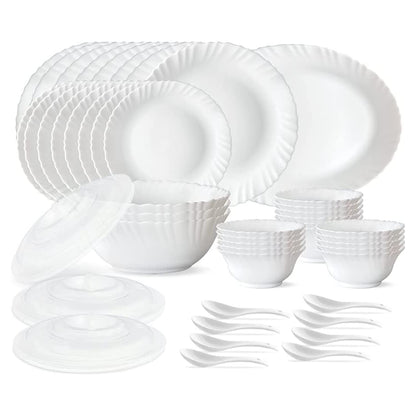 Larah by Borosil Plain White Silk Series Opalware Dinner Set | 47 Pieces for Family of 8 | Microwave & Dishwasher Safe | Bone-Ash Free | Crockery Set for Dining & Gifting | Plates & Bowls | Snow