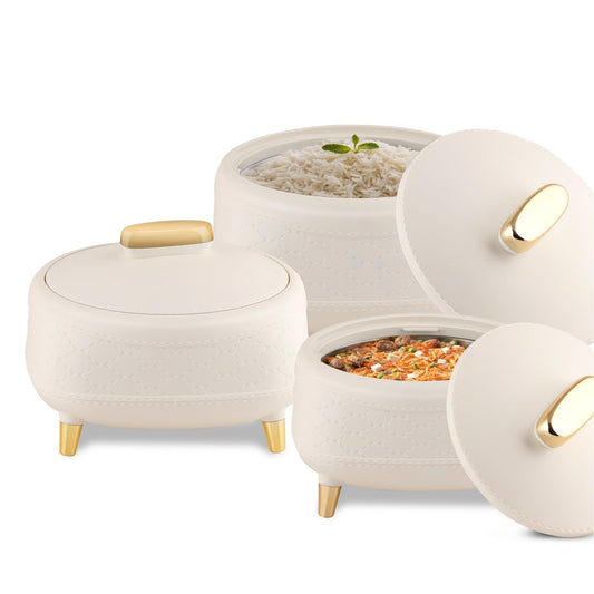 JAYPEE Kingston Stitched Leather Luxurious Outer & Inner Stainless Steel Casserole Set of 3 with Lid (1500+2000+2500) ml PUF Insulated Hot Box for Kitchen Roti Box Hot Pot Serving Casserole,White
