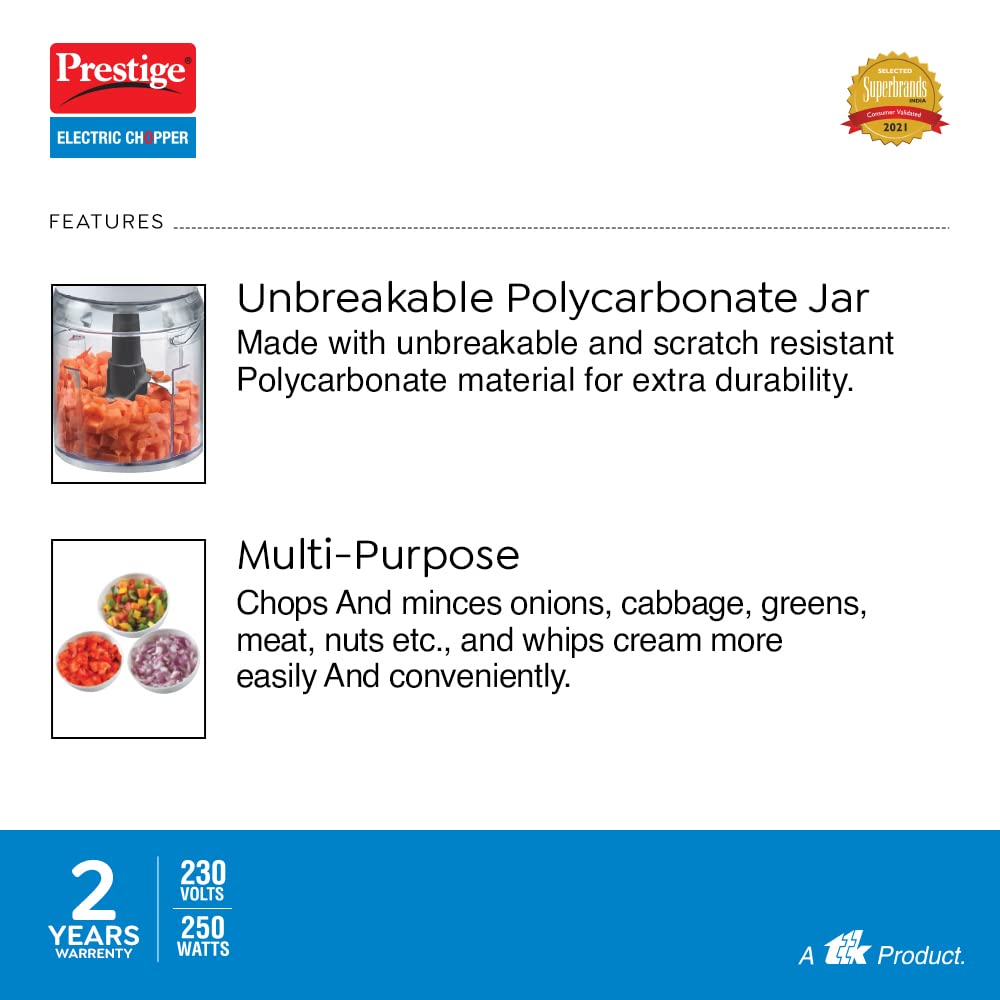 Prestige Pec 4.0 Multi-Purpose Electric Chopper 250 Watts (Black,Polycarbonate Jar)