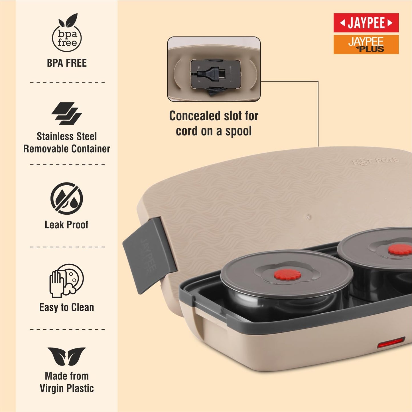 Jaypee Plus Hotpot Electric Lunch Box with 2 Removable Stainless Steel Containers 250 ml x2 with Power Cord |Air Vent on Lid |Leakproof Silicon Seal|LED Indicator |Shockproof | Beige