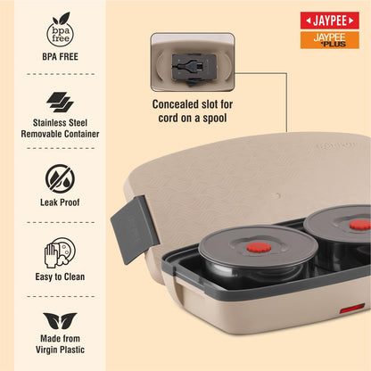 Jaypee Plus Hotpot Electric Lunch Box with 2 Removable Stainless Steel Containers 250 ml x2 with Power Cord |Air Vent on Lid |Leakproof Silicon Seal|LED Indicator |Shockproof | Beige