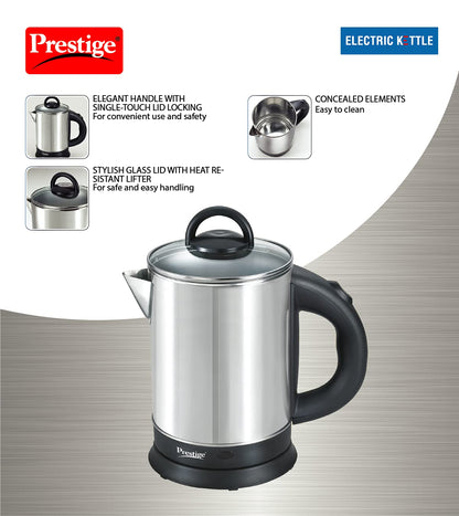 Prestige 1.7L PKGSS Stainless Steel Electric Kettle | 1350 Watts | Glass Lid with heat resistent handle | Single Touch lid locking |Automatic Cut Off | Silver