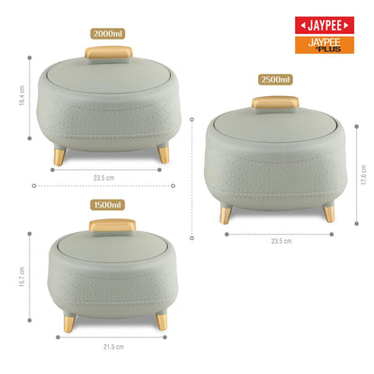 JAYPEE Kingston Stitched Leather Luxurious Outer & Inner Stainless Steel Casserole Set of 3 with Lid (1500+2000+2500) ml PUF Insulated Hot Box for Kitchen Roti Box Hot Pot Serving Casserole,White