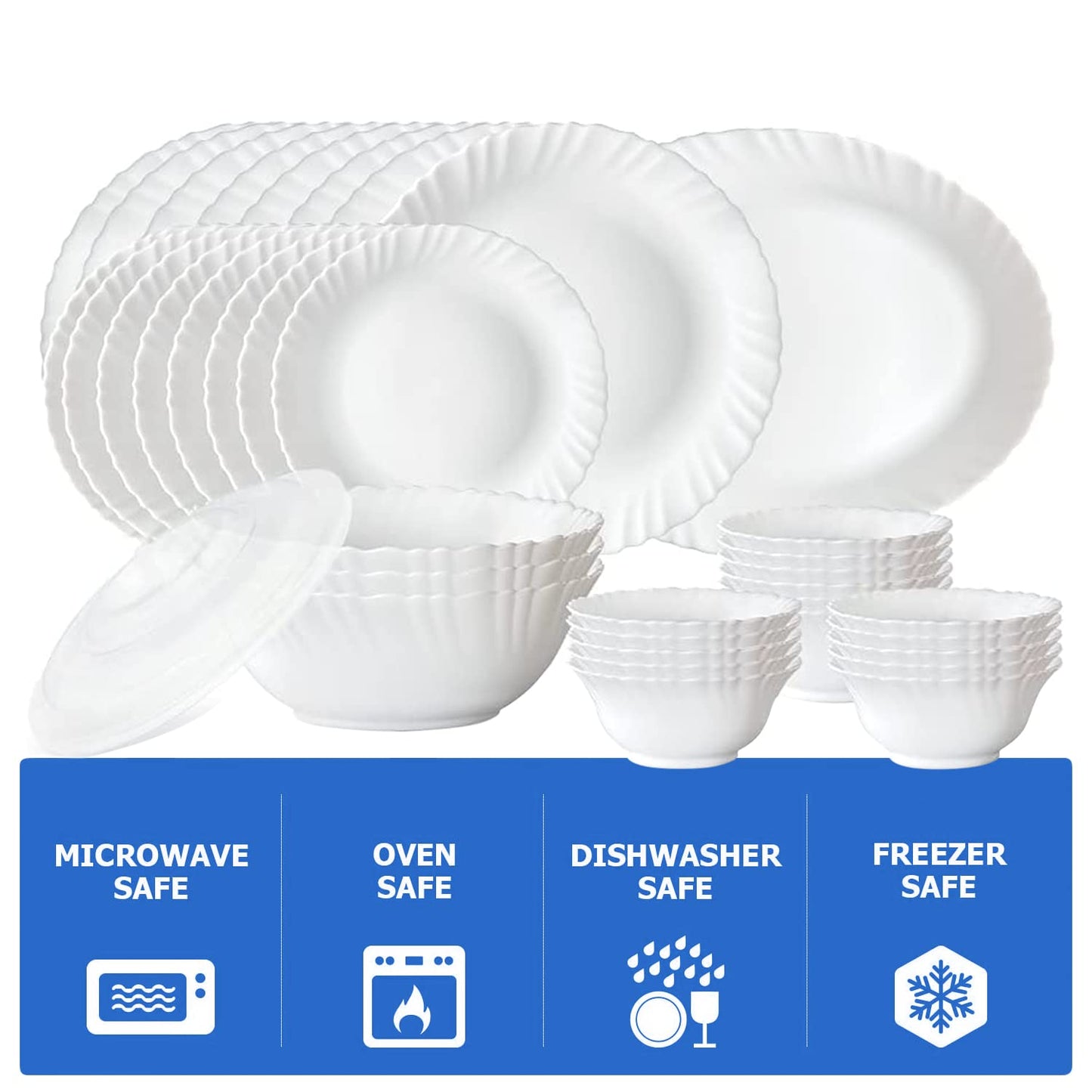 Larah by Borosil Plain White Silk Series Opalware Dinner Set | 47 Pieces for Family of 8 | Microwave & Dishwasher Safe | Bone-Ash Free | Crockery Set for Dining & Gifting | Plates & Bowls | Snow