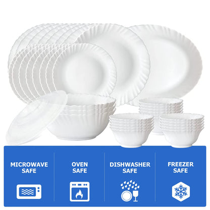 Larah by Borosil Plain White Silk Series Opalware Dinner Set | 47 Pieces for Family of 8 | Microwave & Dishwasher Safe | Bone-Ash Free | Crockery Set for Dining & Gifting | Plates & Bowls | Snow