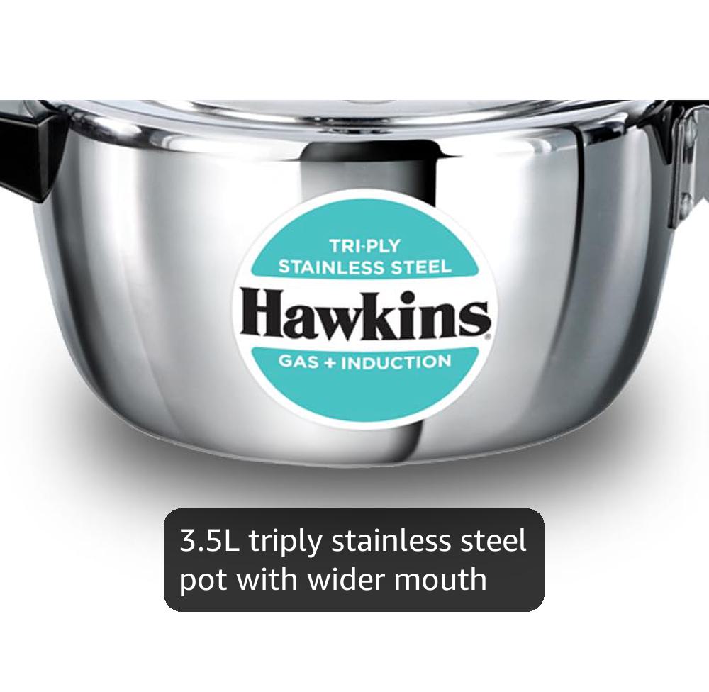 Hawkins 3.5 Litre Triply Stainless Steel Pressure Cooker, Inner Lid Cooker, Silver 