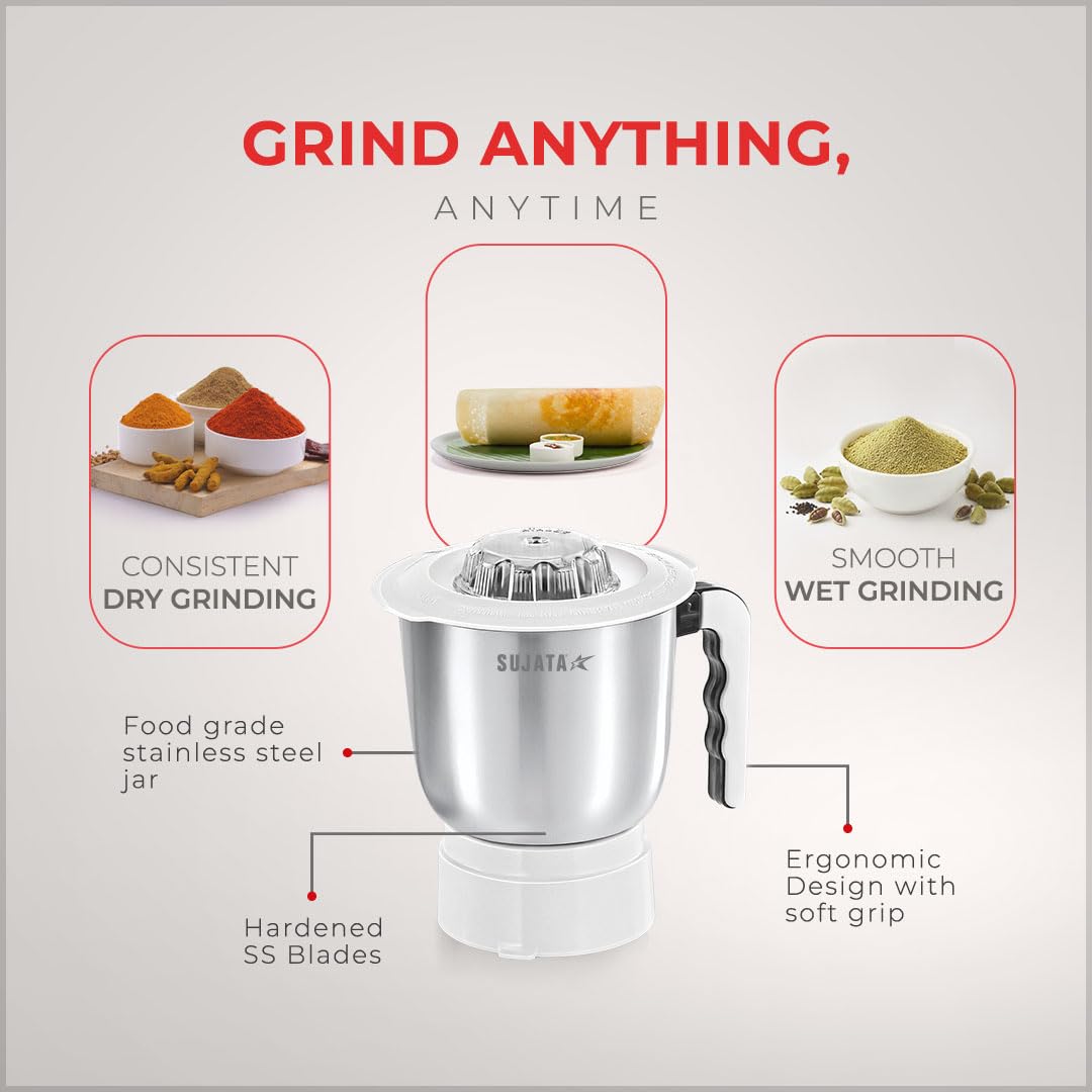 Sujata Powermatic Plus Juicer Mixer Grinder|900 Watts Double Ball Bearing Motor|22000 RPM|Non-Stop 90 Mins Running|2 Jars including 1750ml Blender, 1000ml Grinder Jar| (White)
