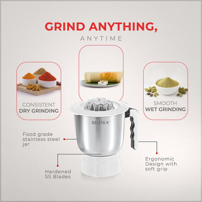 Sujata Powermatic Plus Juicer Mixer Grinder|900 Watts Double Ball Bearing Motor|22000 RPM|Non-Stop 90 Mins Running|2 Jars including 1750ml Blender, 1000ml Grinder Jar| (White)