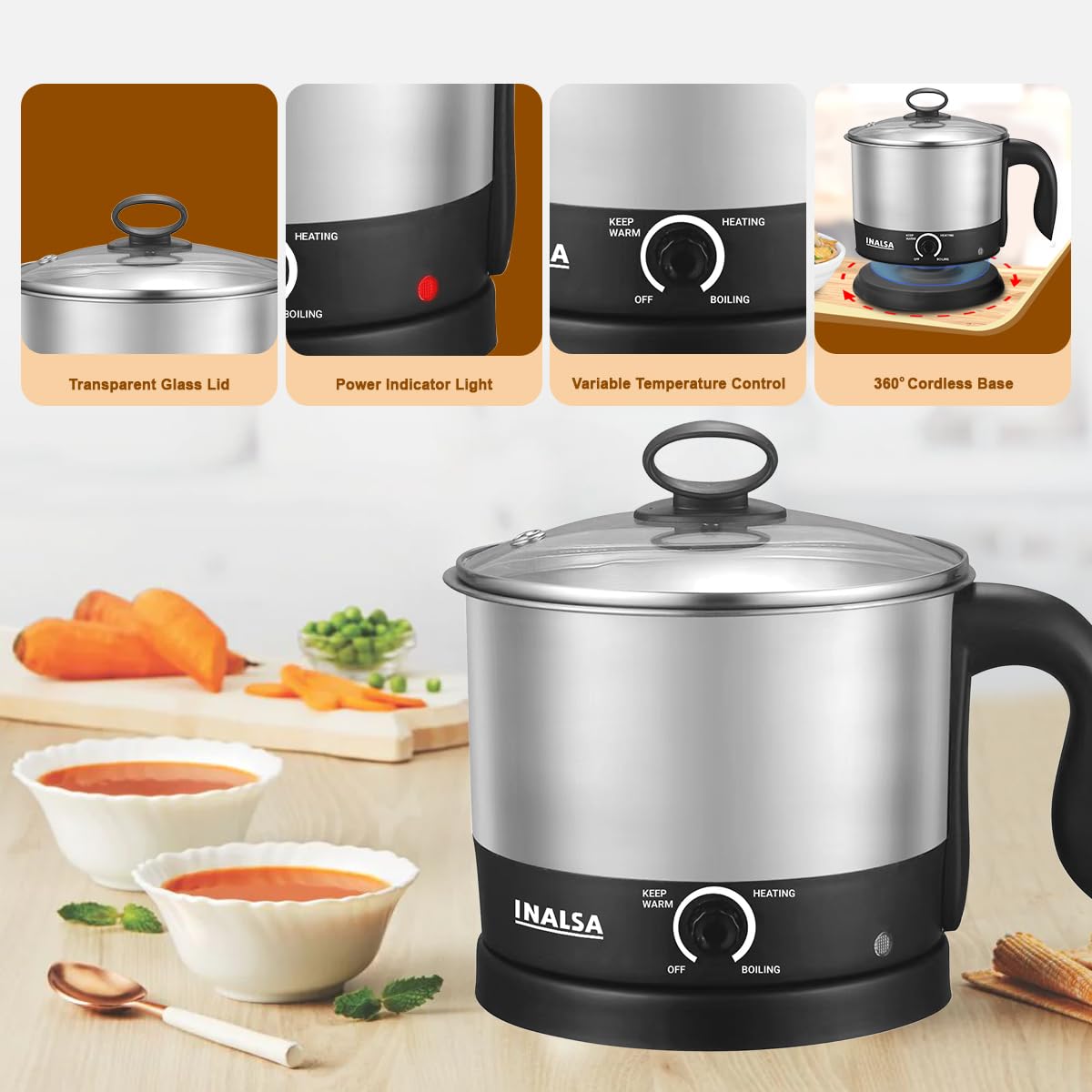 INALSA Stainless Steel Kettle 1.5 Litre|700 Watt|Cooking Kettle|3 Heating Modes| Rapid Boil Technology|See Through Lid| Over-Heat & Boil Dry Protection|Boil Water, Milk,(MultiCook Nu)