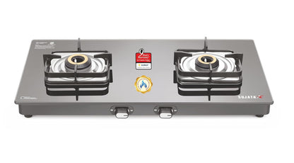Sujata Gas stove 2 Burners Glass Top | Classic Gas stove Auto Ignition | 9 Years Warranty | 2 Burner Gas Stove | ISI Certified | LPG & PNG Compatible, Brass Burner (Black)