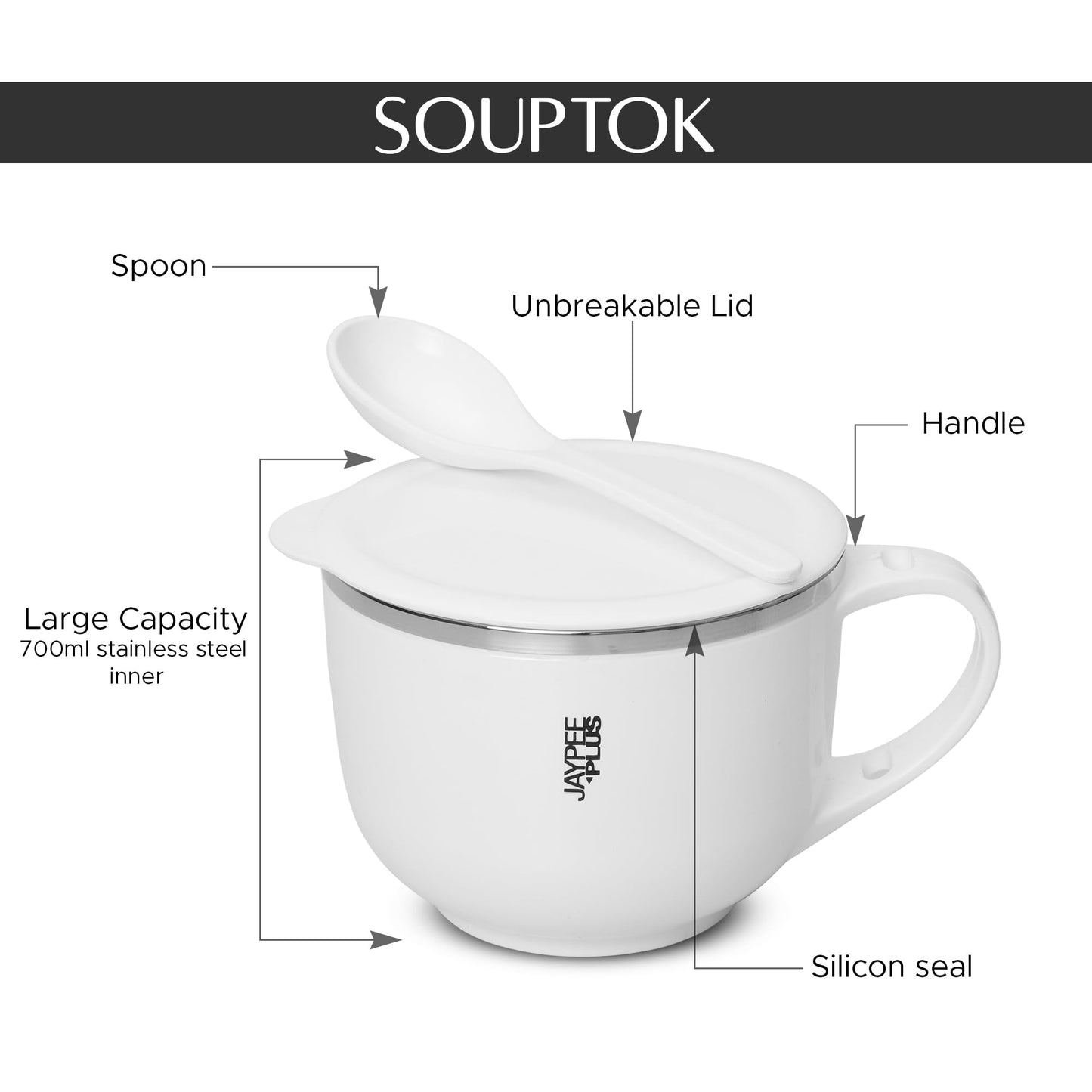Jaypee Plus Stainless Steel Soup Bowl with Lid & Spoon Holder Souptok, Maggi Bowl Noodles Pasta Bowl, Mug for Milk, Best Diwali Gift, Mug for Kids, Girls, Boys, Birthday, Ivory 700 ml
