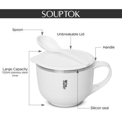 Jaypee Plus Stainless Steel Soup Bowl with Lid & Spoon Holder Souptok, Maggi Bowl Noodles Pasta Bowl, Mug for Milk, Best Diwali Gift, Mug for Kids, Girls, Boys, Birthday, Ivory 700 ml
