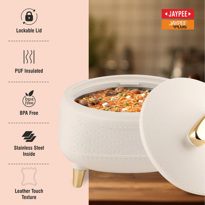 JAYPEE Kingston Stitched Leather Luxurious Outer & Inner Stainless Steel Casserole Set of 3 with Lid (1500+2000+2500) ml PUF Insulated Hot Box for Kitchen Roti Box Hot Pot Serving Casserole,White