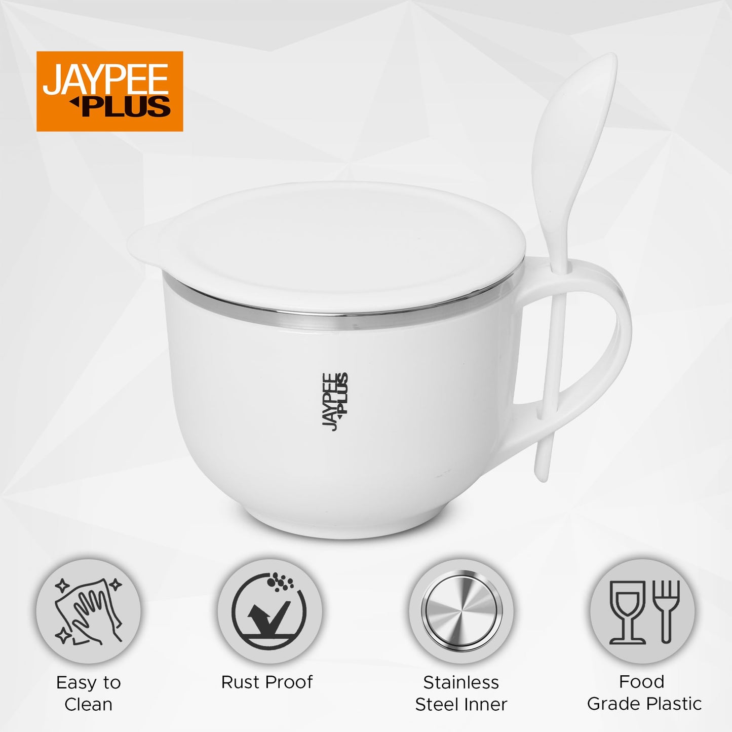Jaypee Plus Stainless Steel Soup Bowl with Lid & Spoon Holder Souptok, Maggi Bowl Noodles Pasta Bowl, Mug for Milk, Best Diwali Gift, Mug for Kids, Girls, Boys, Birthday, Ivory 700 ml