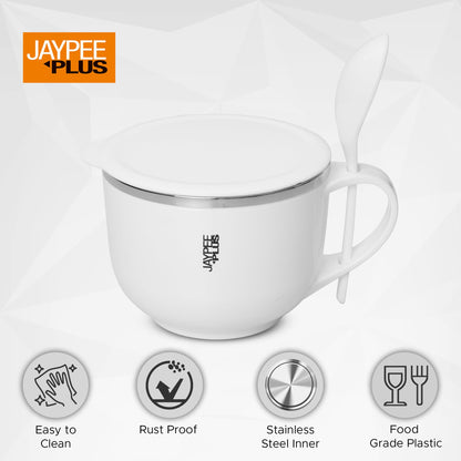 Jaypee Plus Stainless Steel Soup Bowl with Lid & Spoon Holder Souptok, Maggi Bowl Noodles Pasta Bowl, Mug for Milk, Best Diwali Gift, Mug for Kids, Girls, Boys, Birthday, Ivory 700 ml
