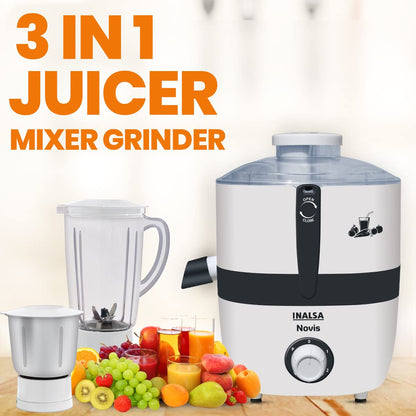 Inalsa Juicer Mixer Grinder 500W- Novis with 2 Jars|1.5L Blender Jar,0.7L SS Multipurpose Jar|Nozzle Cap|Shockproof Body Design,Overload Protection for Safety|ISI Marked, Made In India, White, Medium