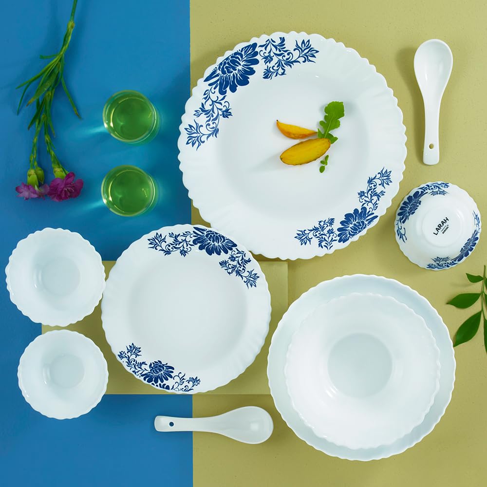 Larah by Borosil Leona Silk Series Opalware Dinner Set | 35 Pieces for Family of 6 | Microwave & Dishwasher Safe | Bone-Ash Free | Crockery Set for Dining & Gifting | Plates & Bowls | White