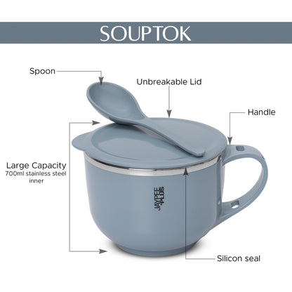 Jaypee Plus Stainless Steel Soup Bowl with Lid & Spoon Holder Souptok, Maggi Bowl Noodles Pasta Bowl, Mug for Milk, Best Diwali Gift, Mug for Kids, Girls, Boys, Birthday, Ivory 700 ml
