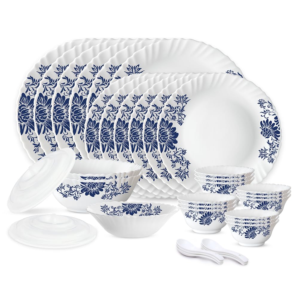 Larah by Borosil Leona Silk Series Opalware Dinner Set | 35 Pieces for Family of 6 | Microwave & Dishwasher Safe | Bone-Ash Free | Crockery Set for Dining & Gifting | Plates & Bowls | White