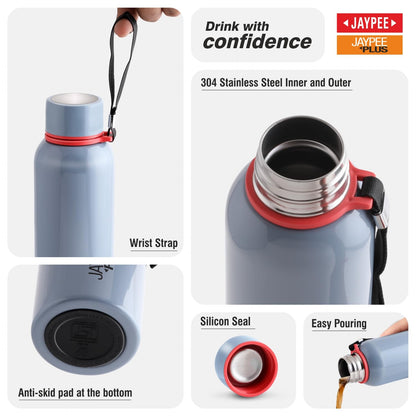 Jaypee Plus Alpha Vaccum Insulated Double Wall Thermosteel Flask 1000 ml Water Bottle ISI Certified 24 Hours Hot and Cold Water Bottle for School,Office,Gym, Leakproof, Rustproof Steel Bottle,Black