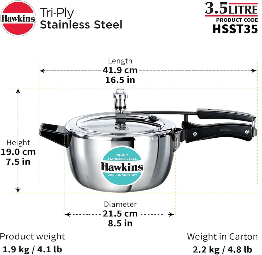 Hawkins 3.5 Litre Triply Stainless Steel Pressure Cooker, Inner Lid Cooker, Silver 