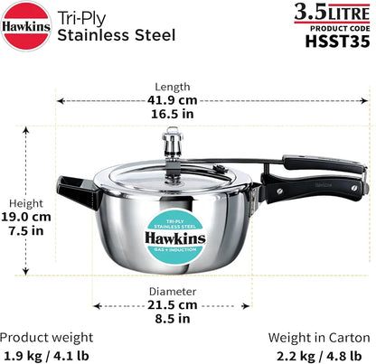 Hawkins 3.5 Litre Triply Stainless Steel Pressure Cooker, Inner Lid Cooker, Silver 
