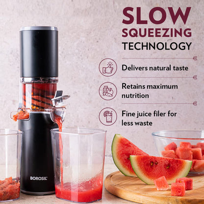 Borosil 130W Easy Cold Press Slow Juicer | Compact Design Portable Less Oxidation, Anti Drip Outlet Lid | Fruit & Vegetable Juicer | 1 Year Warranty | Black