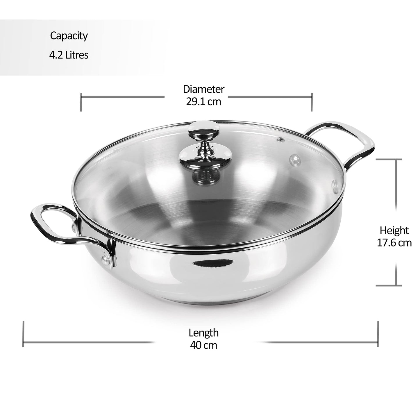 Milton Pro Cook Stainless Steel Kadhai with Glass Lid, 28 cm / 4.2 litres, Sandwich Bottom Cookware, Induction and Gas Stove Friendly Kadai for Cooking, Deep Frying, Stir-Fry, Silver