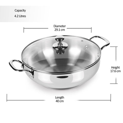 Milton Pro Cook Stainless Steel Kadhai with Glass Lid, 28 cm / 4.2 litres, Sandwich Bottom Cookware, Induction and Gas Stove Friendly Kadai for Cooking, Deep Frying, Stir-Fry, Silver