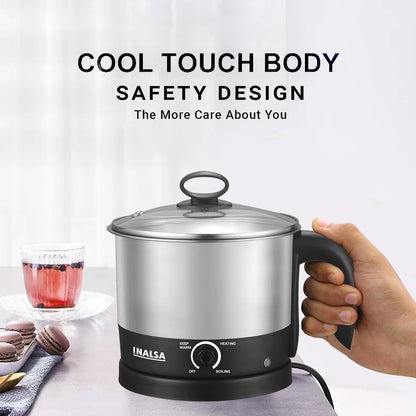 INALSA Stainless Steel Kettle 1.5 Litre|700 Watt|Cooking Kettle|3 Heating Modes| Rapid Boil Technology|See Through Lid| Over-Heat & Boil Dry Protection|Boil Water, Milk,(MultiCook Nu)