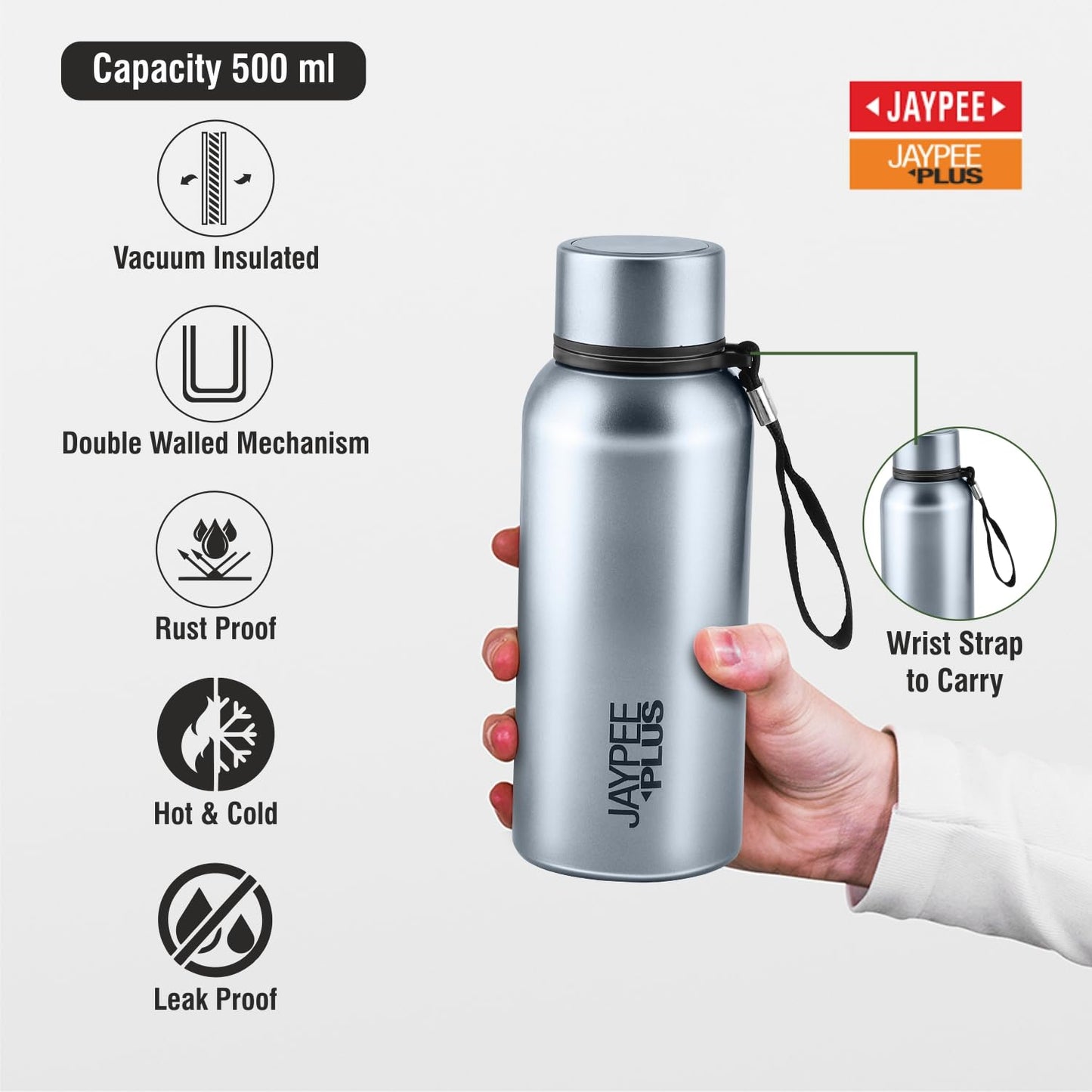 Jaypee Plus Alpha Vaccum Insulated Double Wall Thermosteel Flask 1000 ml Water Bottle ISI Certified 24 Hours Hot and Cold Water Bottle for School,Office,Gym, Leakproof, Rustproof Steel Bottle,Black