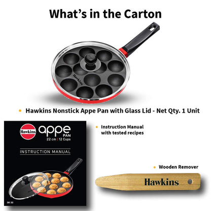 Hawkins Nonstick Appe Pan with Glass Lid, 12 Cups, Diameter 20 cm, Black , Cast Aluminium, Red (NAPE20G)