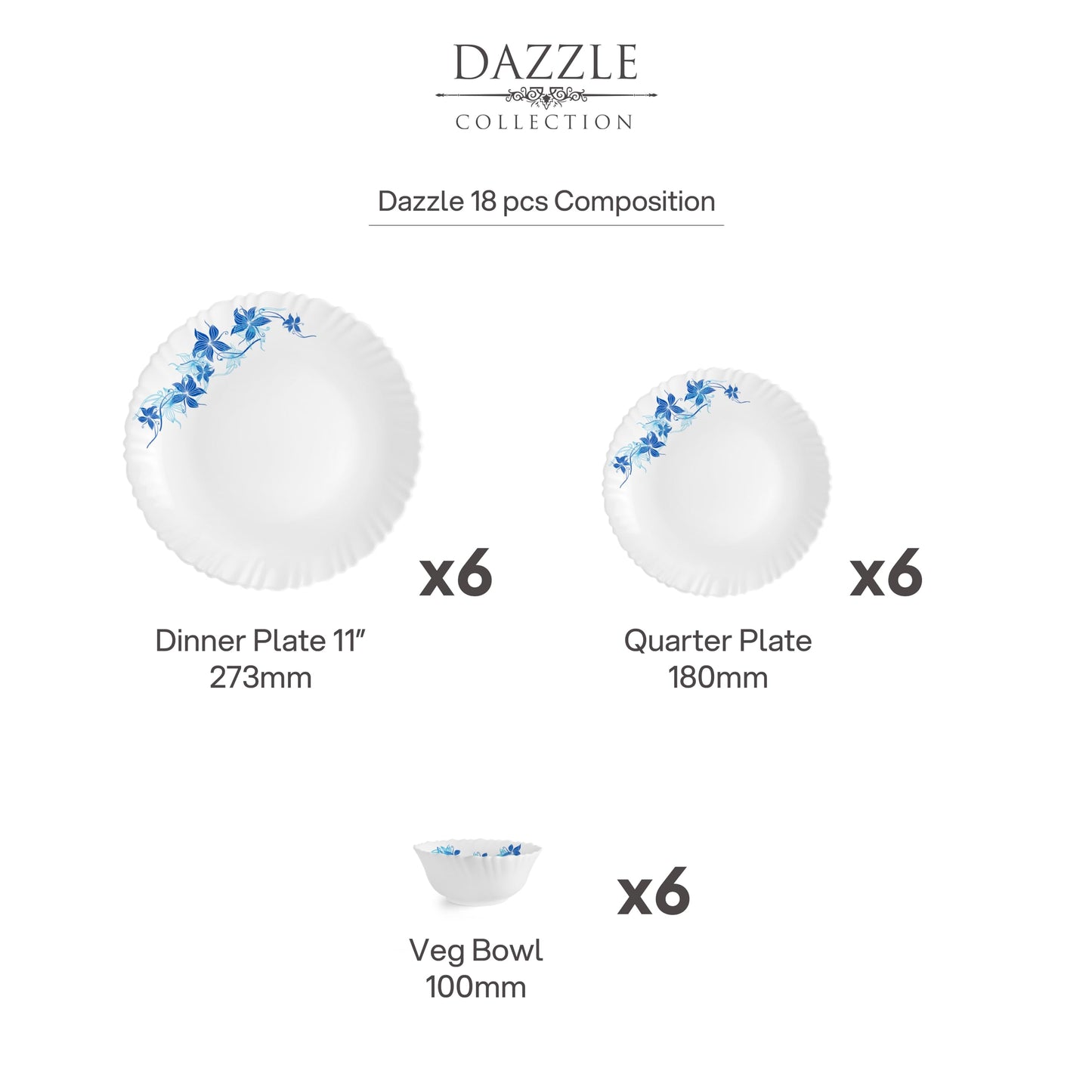 CELLO Blue Swirl Dazzle Series Opalware Dinner Set of 18 Pieces for Family of 6 | Bone-Ash Free & Leadfree Opal Glass, Microwave & Dishwasher Safe, Plates & Bowls Crockery Set for Dining & Gifting
