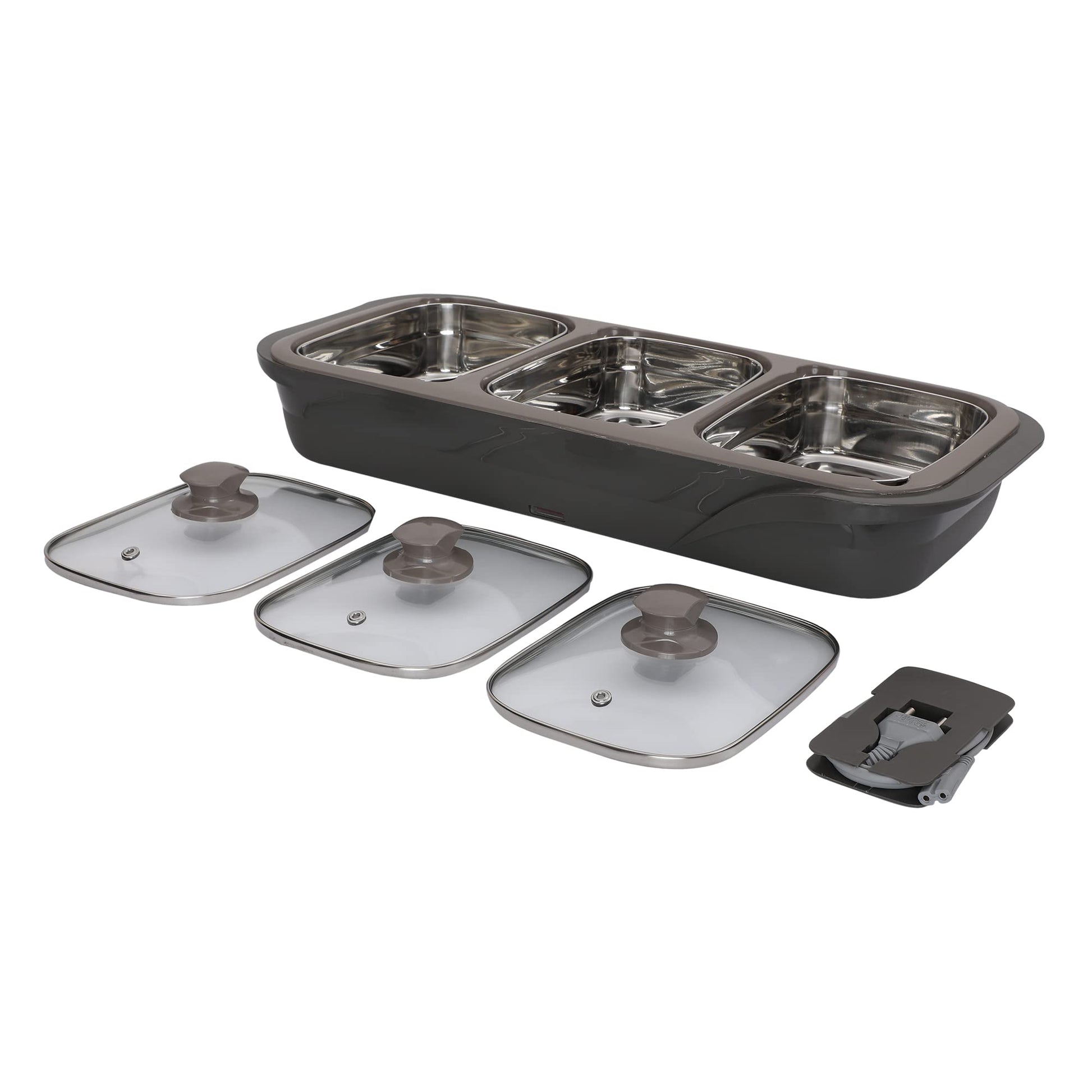 Jaypee Plus E-3 Bowl Electrical Serving Casserole Chafing Dish,1000ml Each |Stainless Steel 3 Dish Food Buffet Server |3 in 1 Electiric Bowl for Reheating Food, Beige