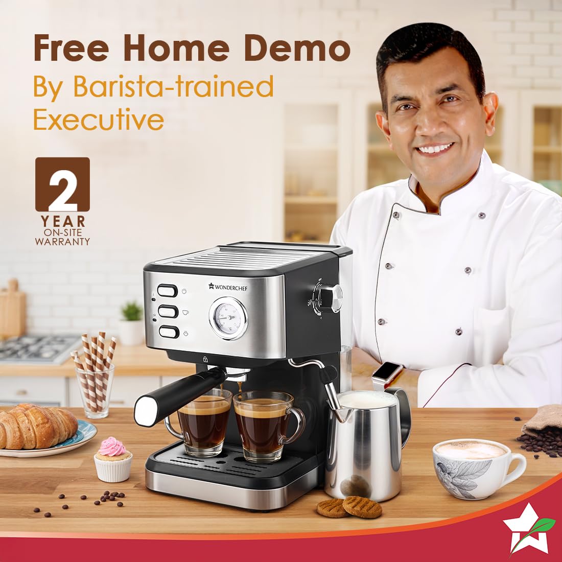 Wonderchef Regenta Espresso Coffee Machine, 19-bar, Make Espressos, Cappuccinos & Lattes at Home, With Steamer, Metal Porta Filter, Temperature Dial, 2 Year Warranty