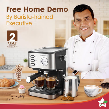 Wonderchef Regenta Espresso Coffee Machine, 19-bar, Make Espressos, Cappuccinos & Lattes at Home, With Steamer, Metal Porta Filter, Temperature Dial, 2 Year Warranty