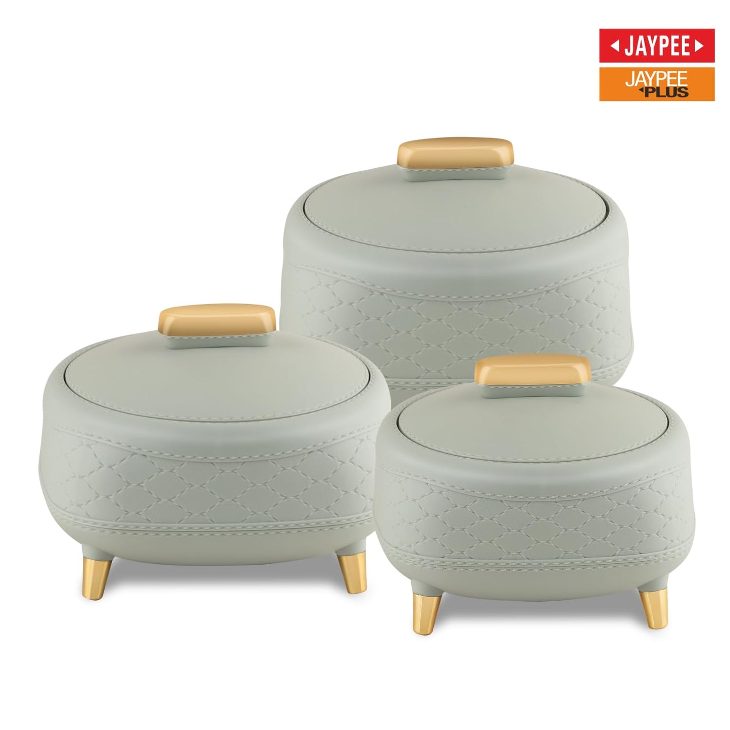 JAYPEE Kingston Stitched Leather Luxurious Outer & Inner Stainless Steel Casserole Set of 3 with Lid (1500+2000+2500) ml PUF Insulated Hot Box for Kitchen Roti Box Hot Pot Serving Casserole,White