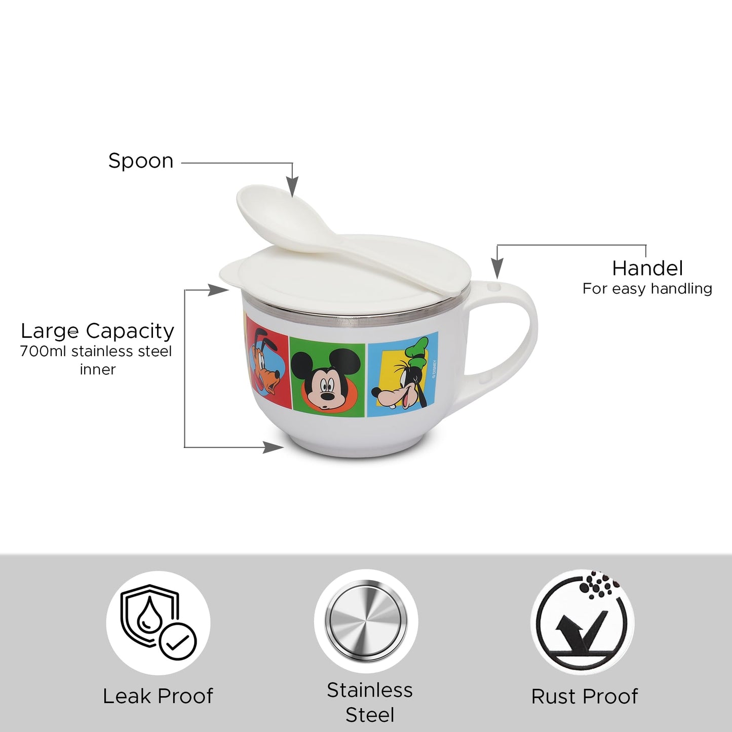 Jaypee Plus Stainless Steel Soup Bowl with Lid & Spoon Holder Souptok, Maggi Bowl Noodles Pasta Bowl, Mug for Milk, Best Diwali Gift, Mug for Kids, Girls, Boys, Birthday, Ivory 700 ml