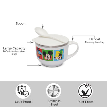 Jaypee Plus Stainless Steel Soup Bowl with Lid & Spoon Holder Souptok, Maggi Bowl Noodles Pasta Bowl, Mug for Milk, Best Diwali Gift, Mug for Kids, Girls, Boys, Birthday, Ivory 700 ml