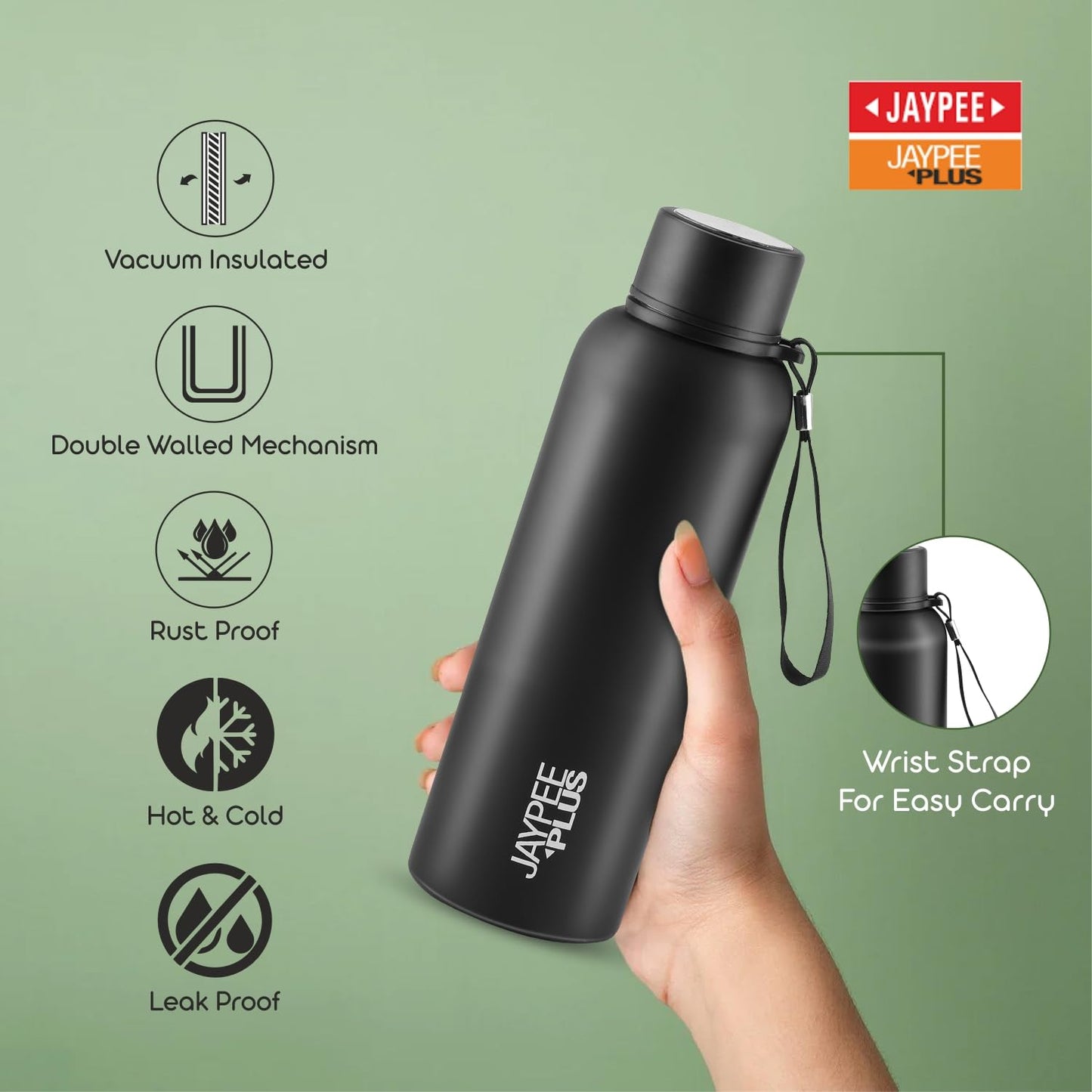 Jaypee Plus Alpha Vaccum Insulated Double Wall Thermosteel Flask 1000 ml Water Bottle ISI Certified 24 Hours Hot and Cold Water Bottle for School,Office,Gym, Leakproof, Rustproof Steel Bottle,Black