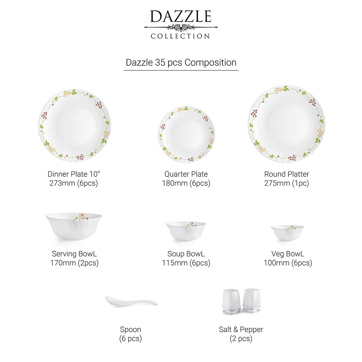 Cello Opalware Dazzle Series Secret Garden Dinner Set 35 Pieces Serving for 6 | Bone Ash-Free | Lightweight, Elegant White Plates & Bowls Set | Opal Glass Crockery Set for Daily Use Dinning & Gifting