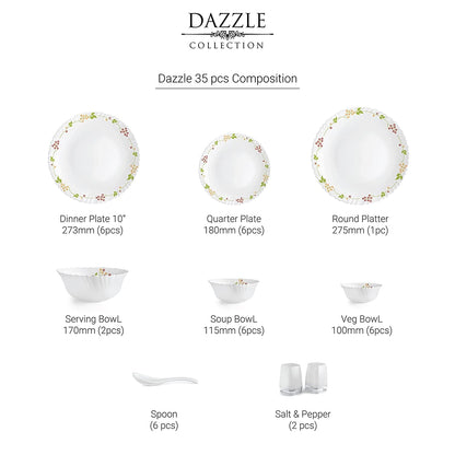 Cello Opalware Dazzle Series Secret Garden Dinner Set 35 Pieces Serving for 6 | Bone Ash-Free | Lightweight, Elegant White Plates & Bowls Set | Opal Glass Crockery Set for Daily Use Dinning & Gifting