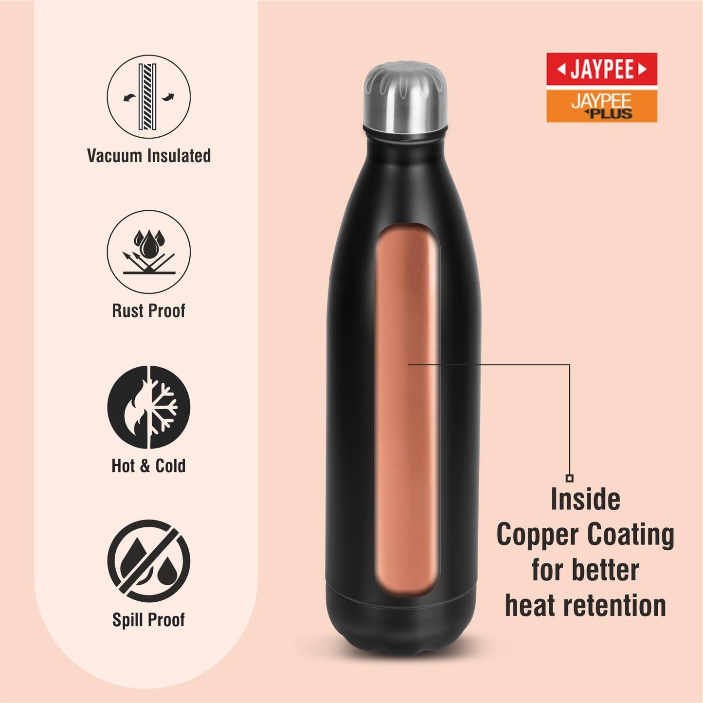 Jaypee Plus Alpha Vaccum Insulated Double Wall Thermosteel Flask 1000 ml Water Bottle ISI Certified 24 Hours Hot and Cold Water Bottle for School,Office,Gym, Leakproof, Rustproof Steel Bottle,Black