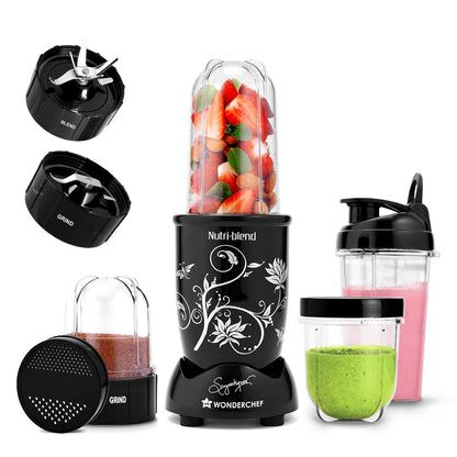 Wonderchef Nutri-blend 500W Mixer Grinder, 22000 RPM Motor, Smoothie Maker, Masala Grinder, Chutney Blender, 3 Unbreakable Jars & Sipper Jar, Recipe Book by Chef Sanjeev Kapoor, 2 Yr Warranty, Black