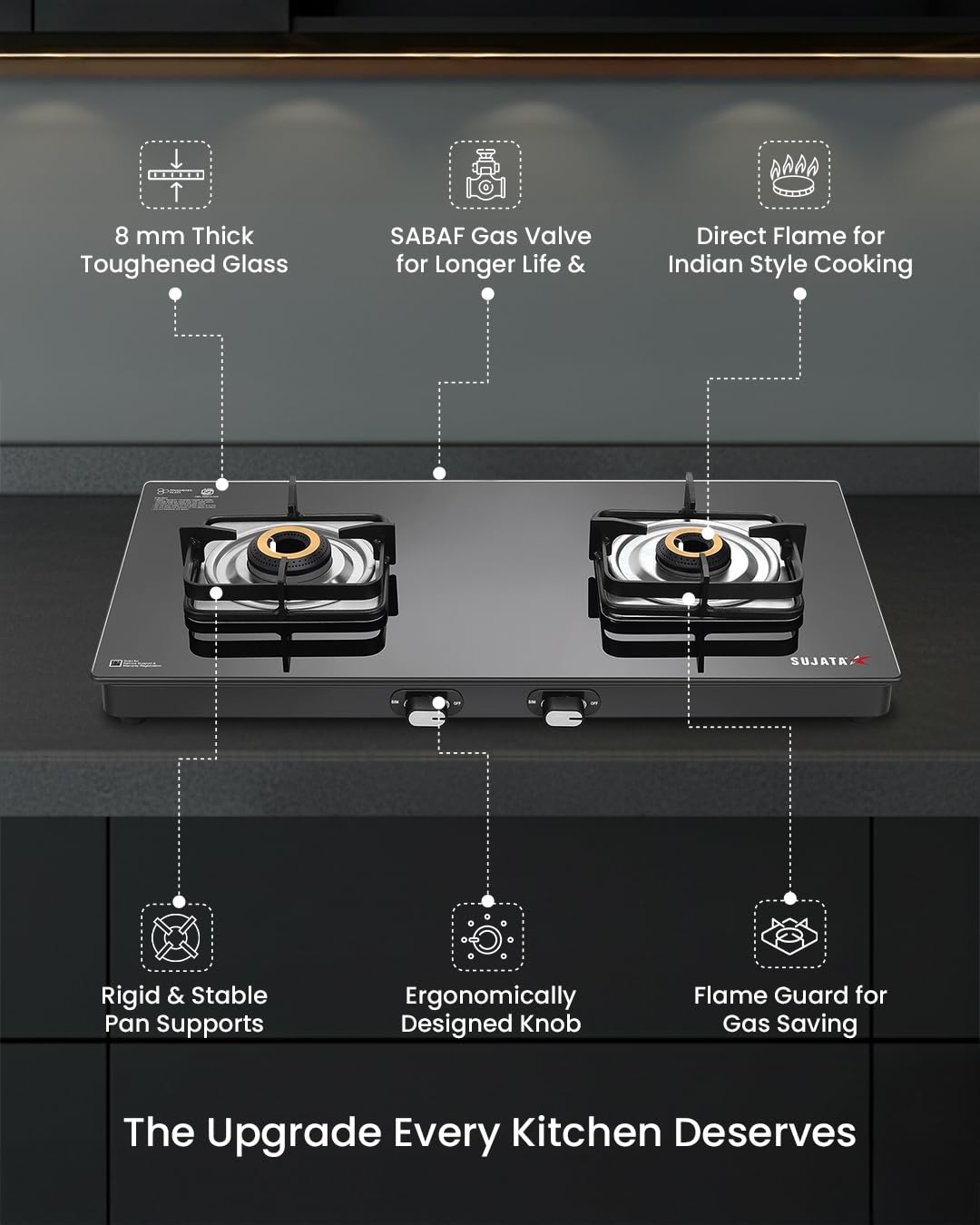 Sujata Gas stove 2 Burners Glass Top | Classic Gas stove Auto Ignition | 9 Years Warranty | 2 Burner Gas Stove | ISI Certified | LPG & PNG Compatible, Brass Burner (Black)